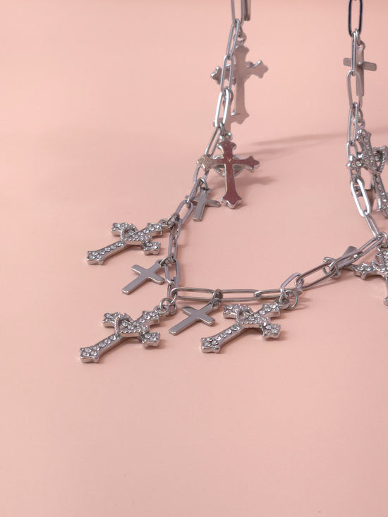 Cross Cascade Silver Necklace
