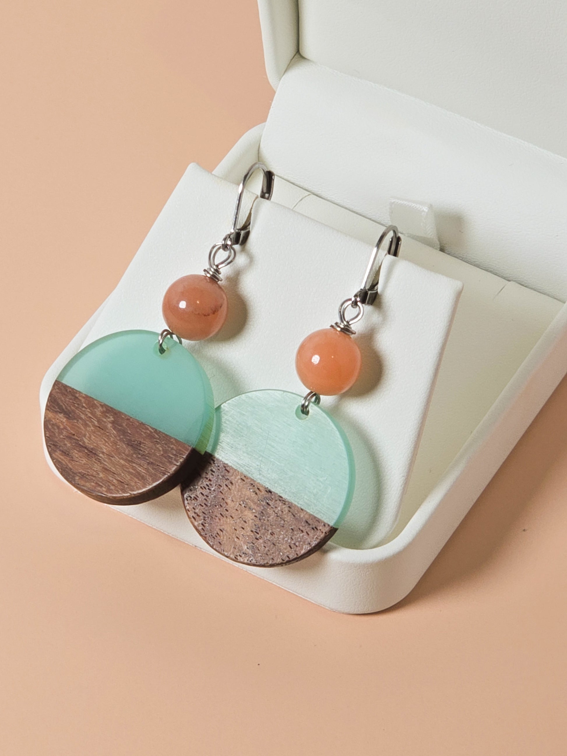 Pink Aventurine and Teal Resin Pendant Earrings