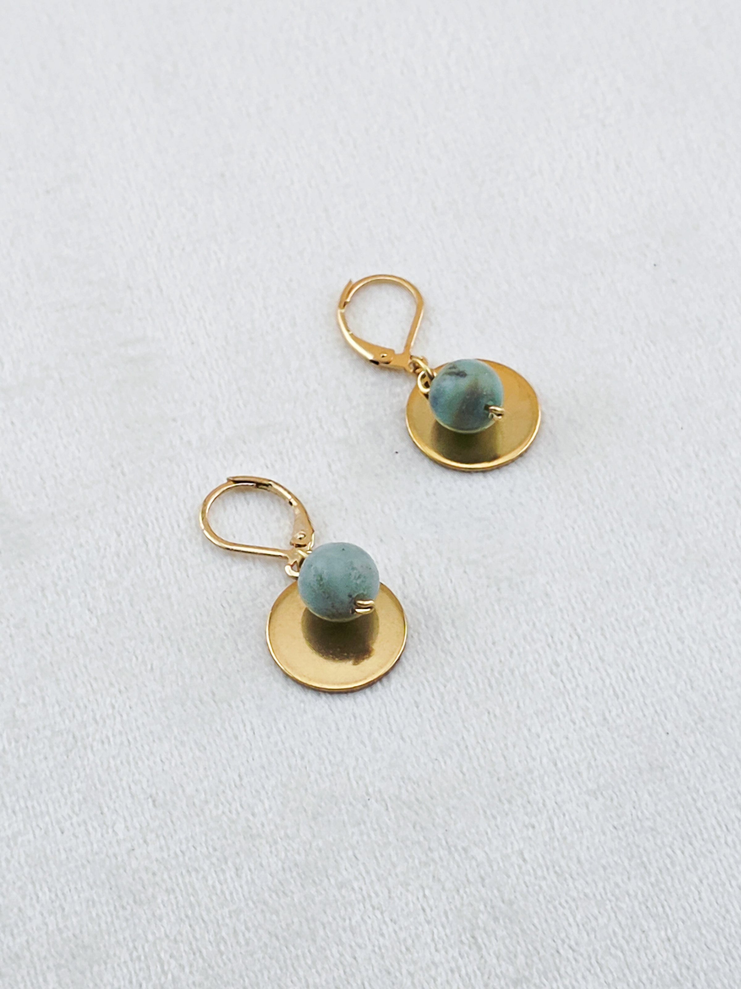 Gold Stainless Steel & Amazonite Disc Earrings