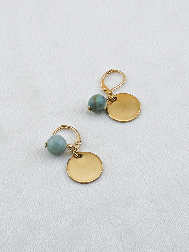 Gold Stainless Steel & Amazonite Disc Earrings