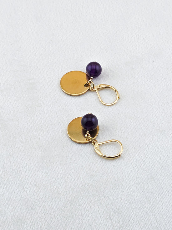 Gold Stainless Steel & Amethyst Disc Earrings