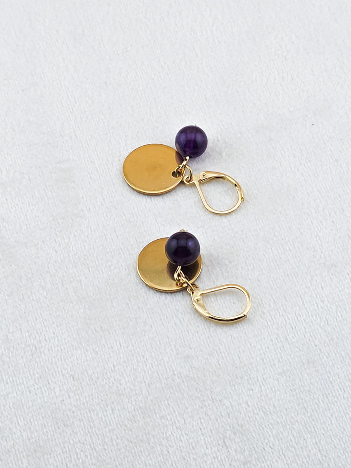 Gold Stainless Steel & Amethyst Disc Earrings