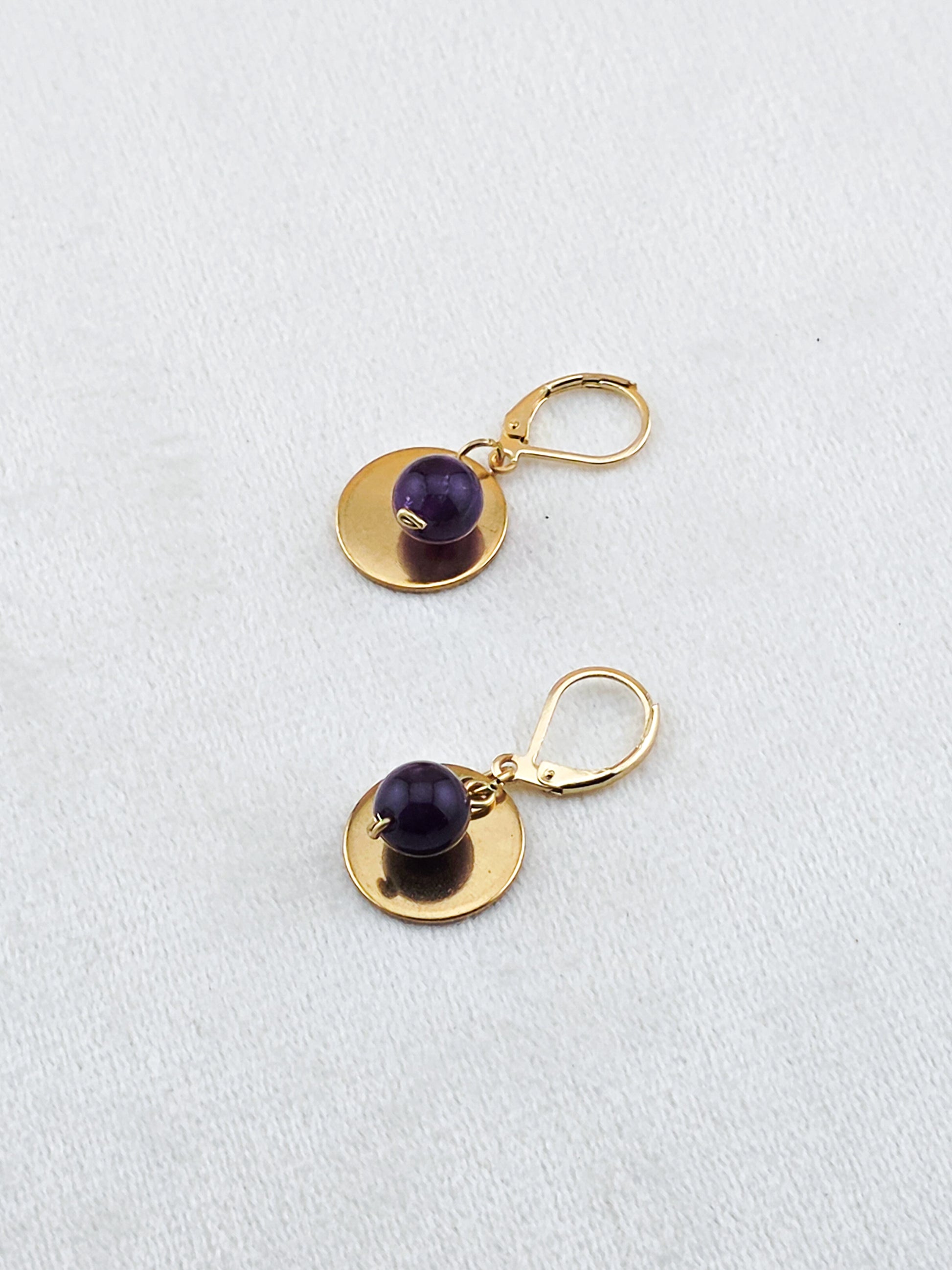 Gold Stainless Steel & Amethyst Disc Earrings