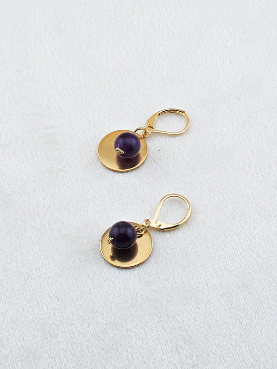 Gold Stainless Steel & Amethyst Disc Earrings