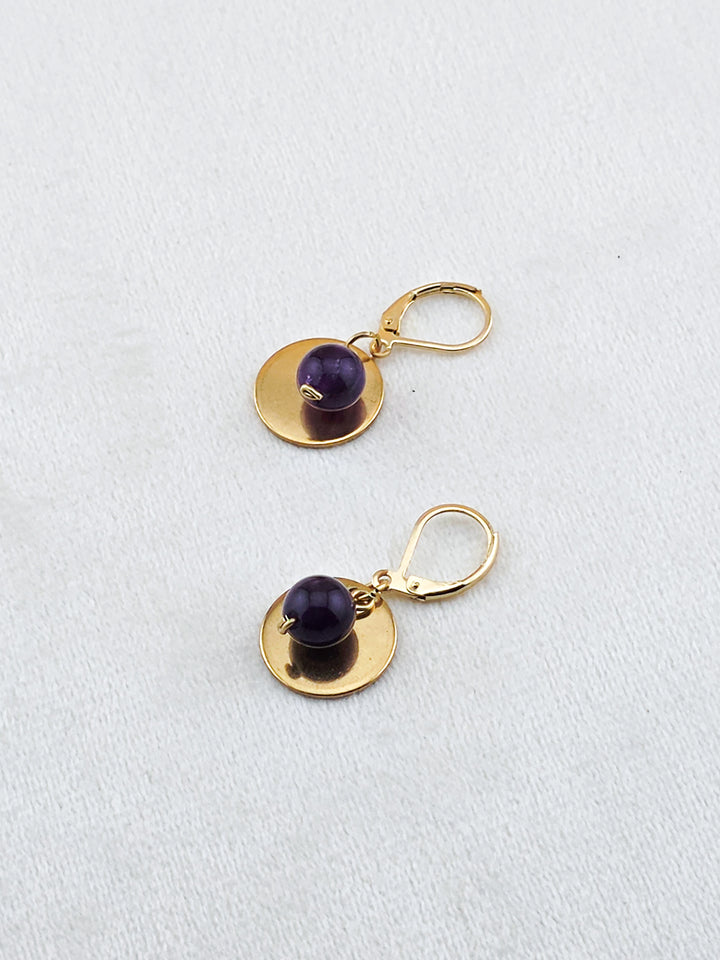 Gold Stainless Steel & Amethyst Disc Earrings