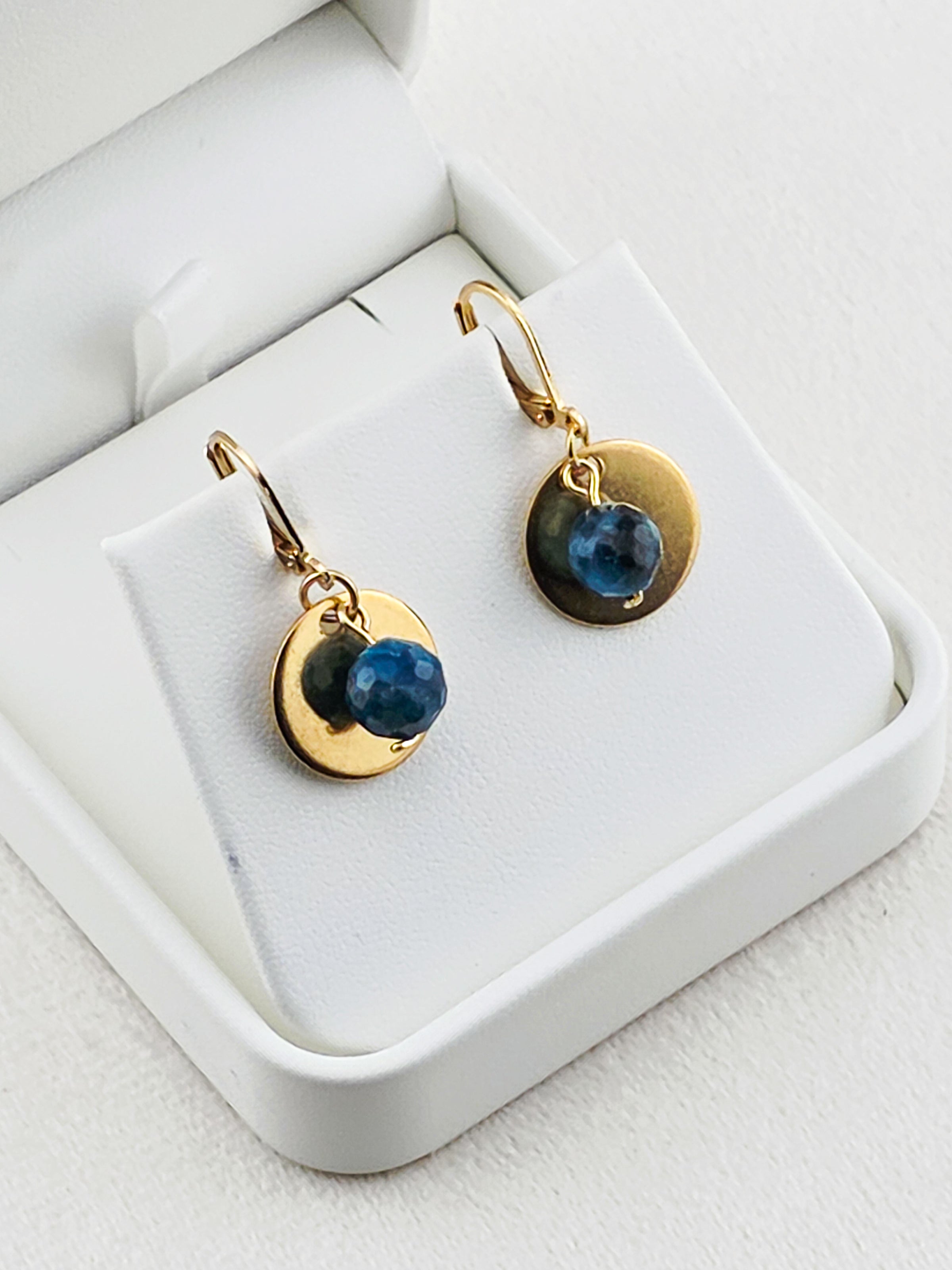Gold Stainless Steel Blue Apatite Disc Earrings