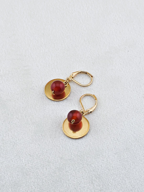 Gold Stainless Steel & Carnelian Disc Earrings