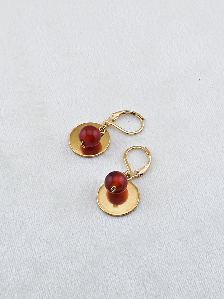 Gold Stainless Steel & Carnelian Disc Earrings