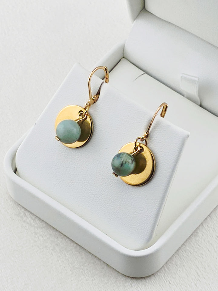 Gold Stainless Steel & Amazonite Disc Earrings