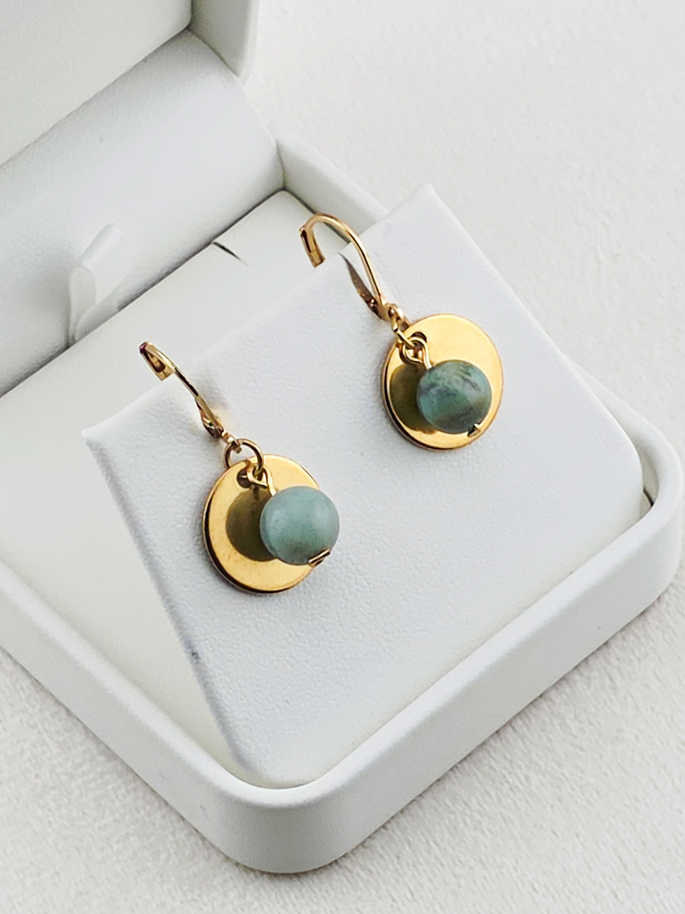 Gold Stainless Steel & Amazonite Disc Earrings