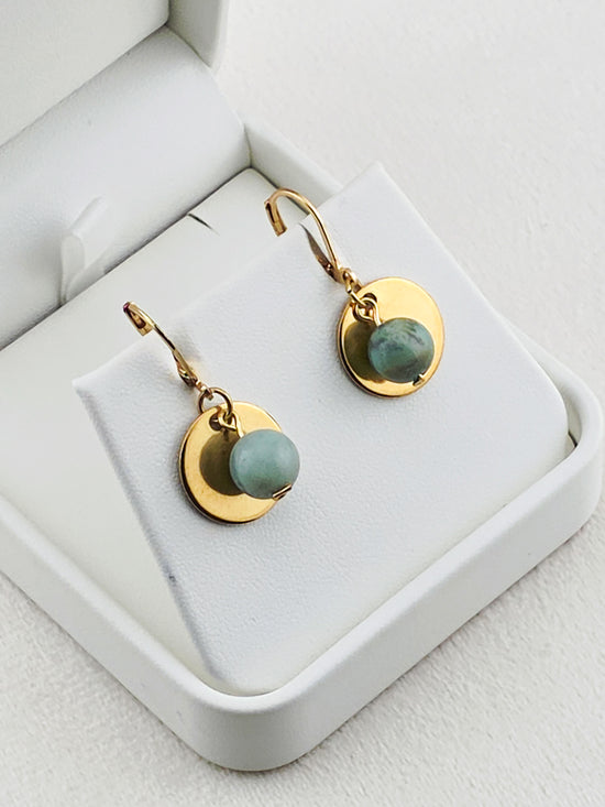 Gold Stainless Steel & Amazonite Disc Earrings