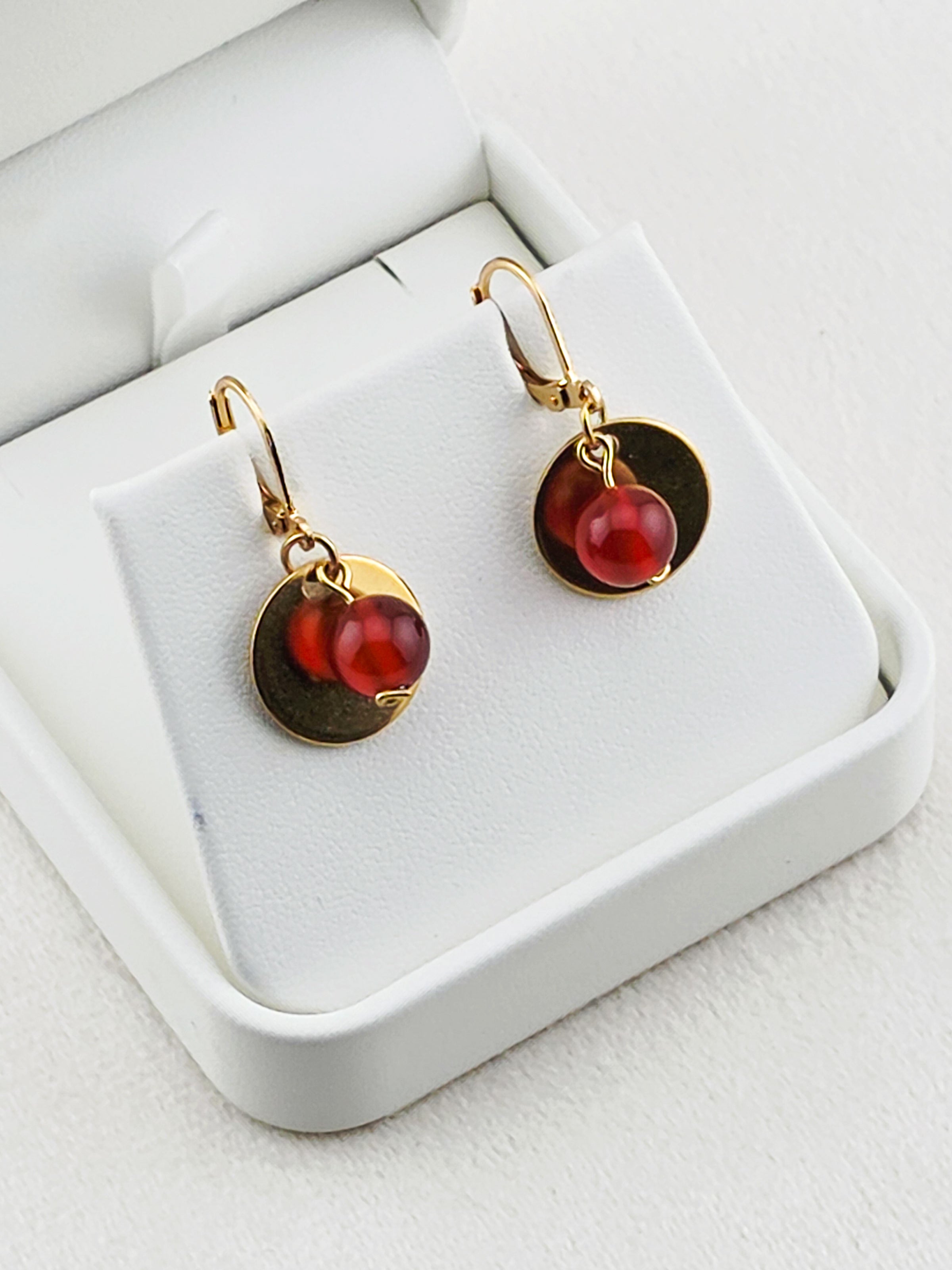Gold Stainless Steel & Carnelian Disc Earrings