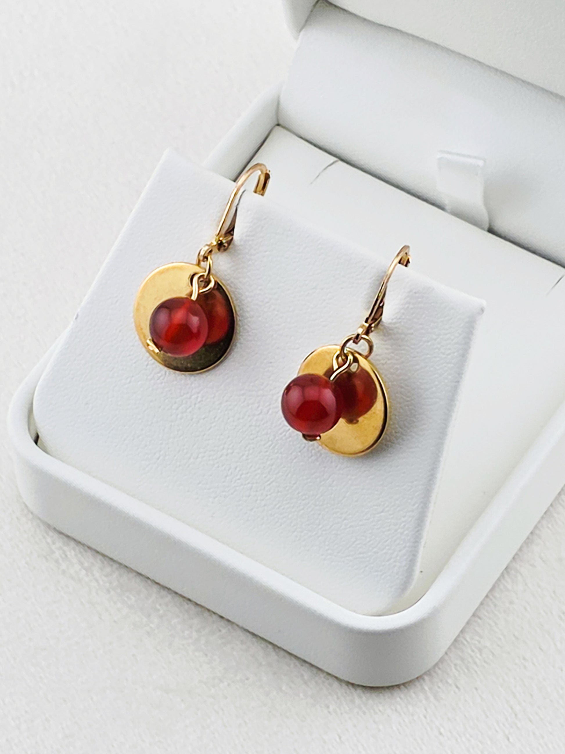 Gold Stainless Steel & Carnelian Disc Earrings