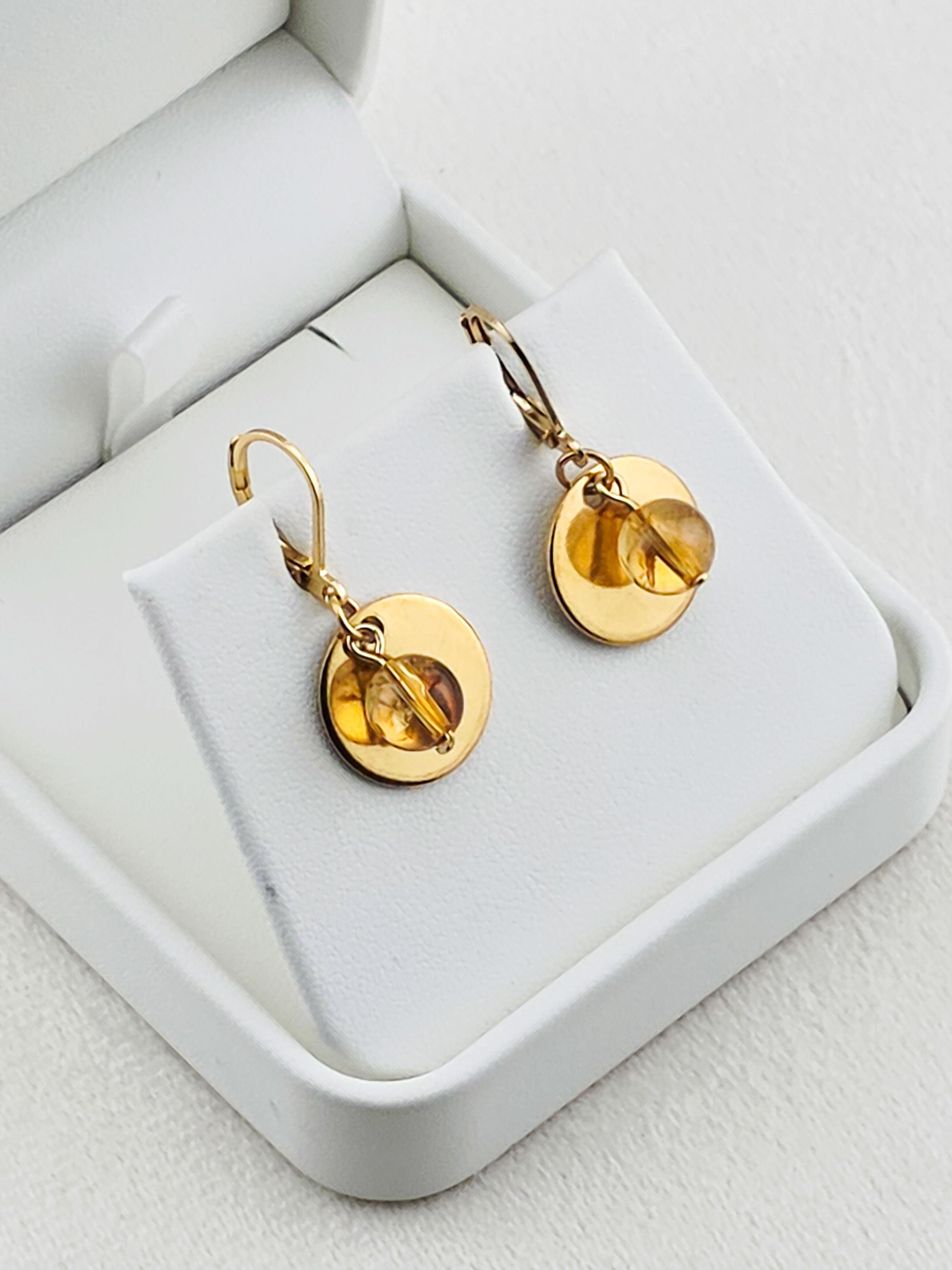 Gold Stainless Steel Citrine Disc Earrings