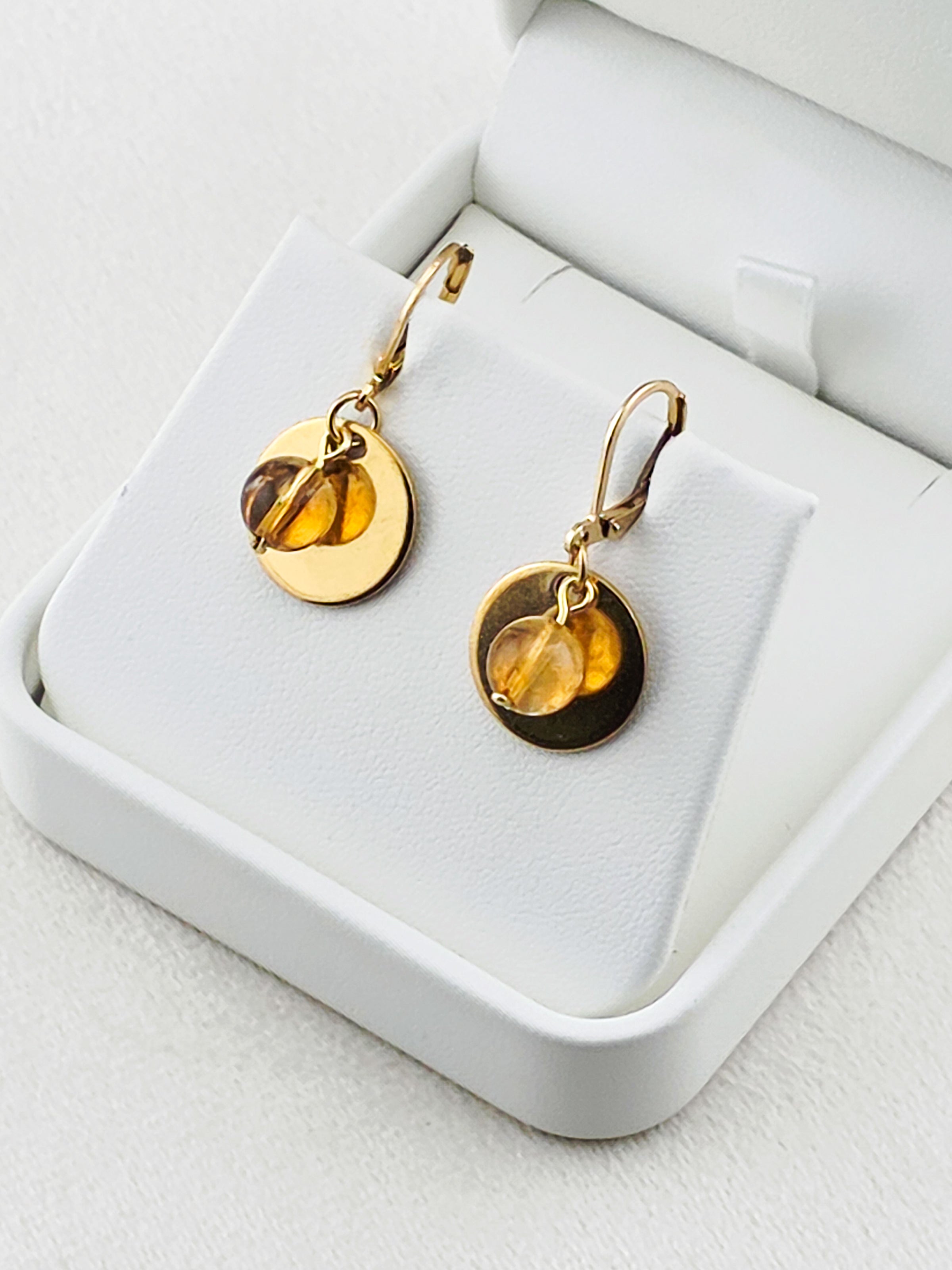 Gold Stainless Steel Citrine Disc Earrings