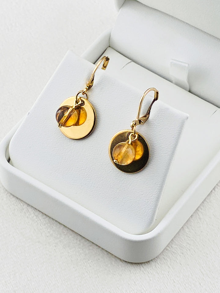 Gold Stainless Steel & Citrine Disc Earrings