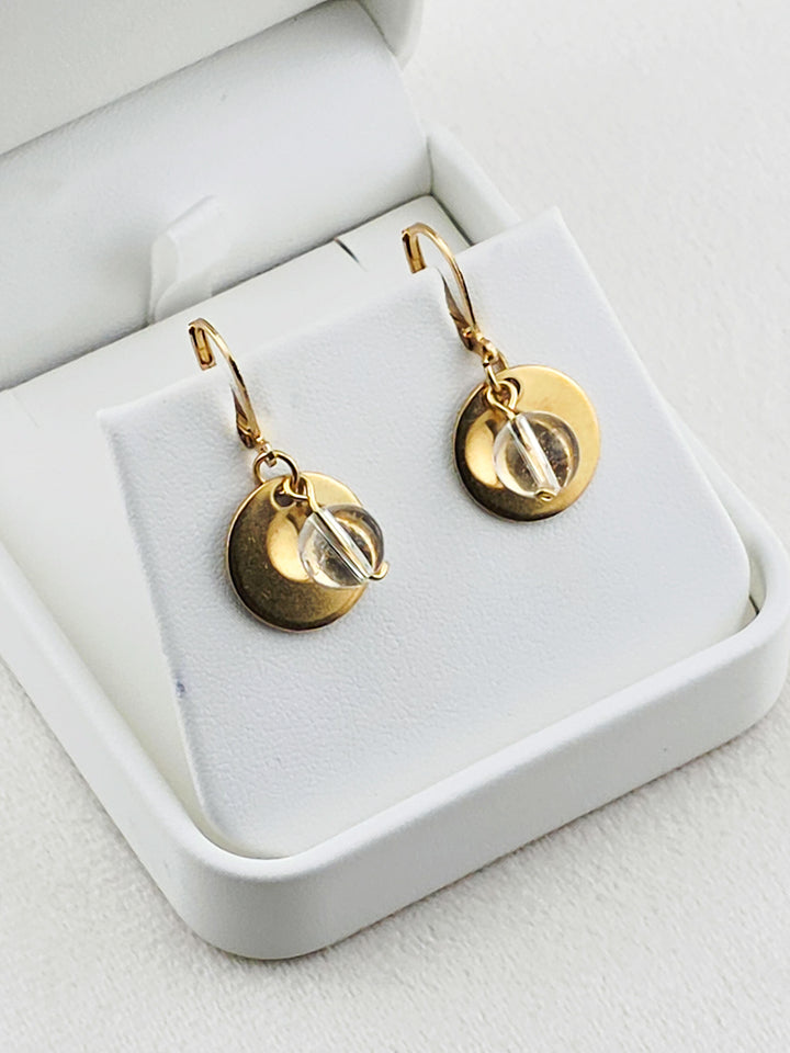 Gold Stainless Steel & Crystal Quartz Disc Earrings