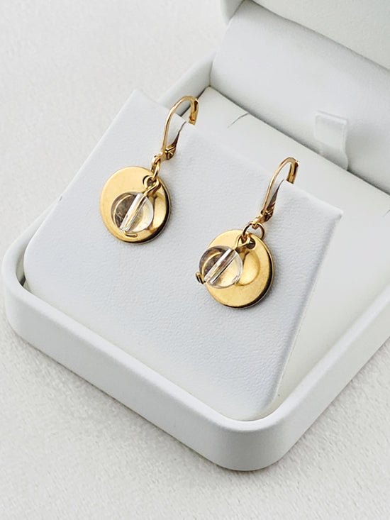 Gold Stainless Steel & Crystal Quartz Disc Earrings