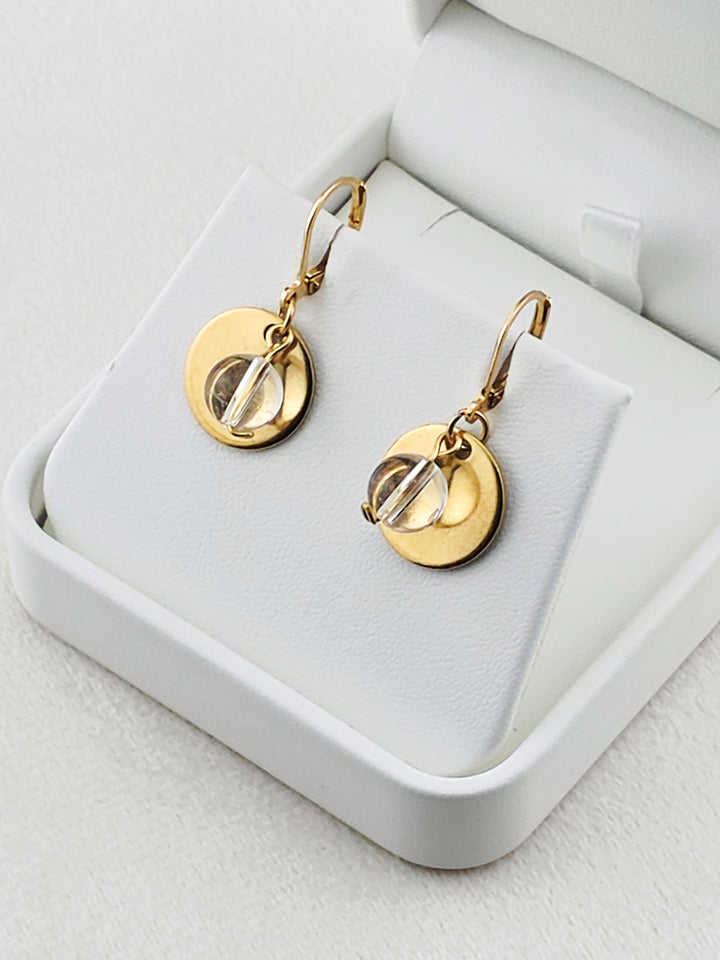 Gold Stainless Steel & Crystal Quartz Disc Earrings