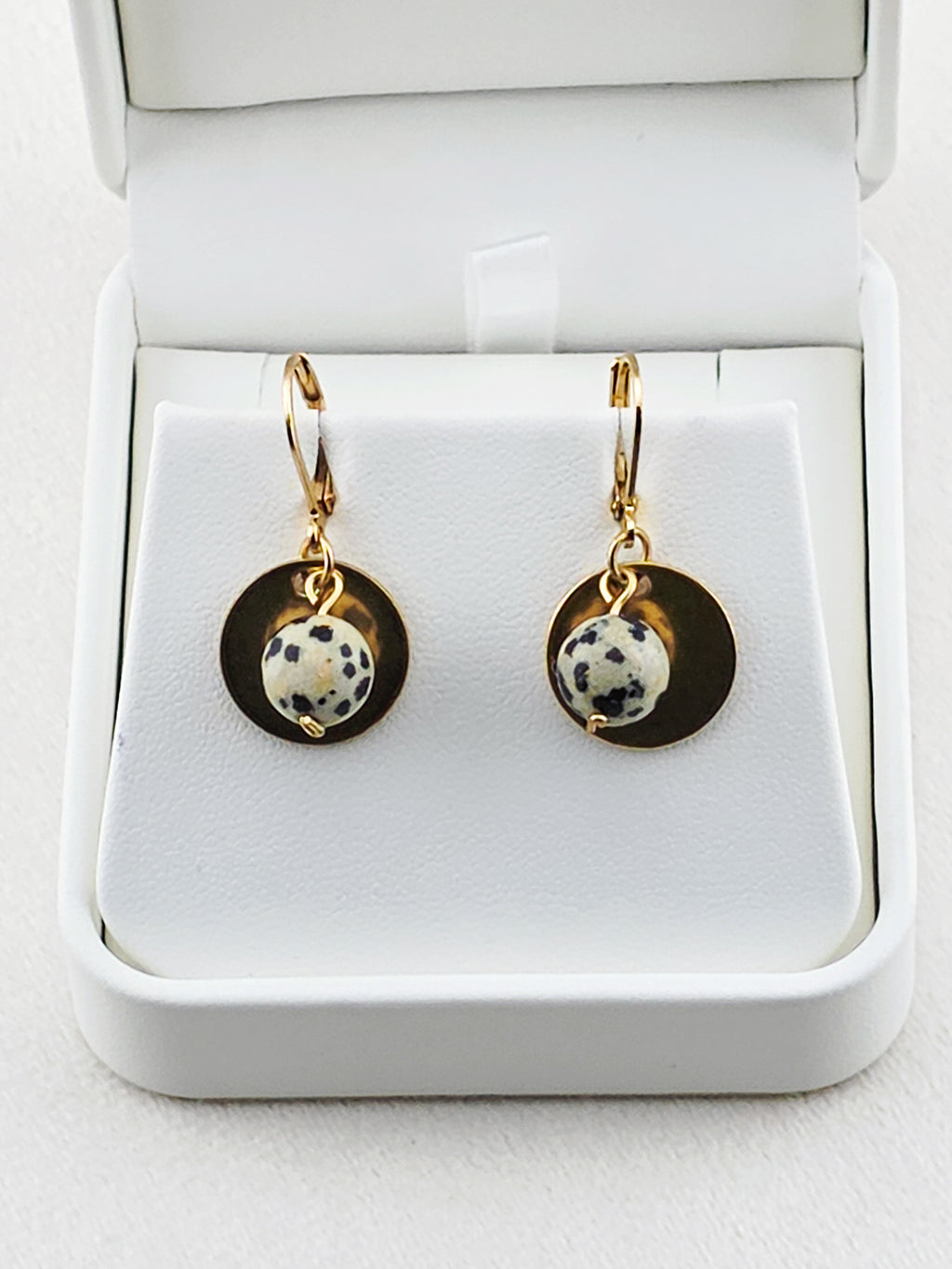 Gold Stainless Steel Dalmatian Jasper Disc Earrings