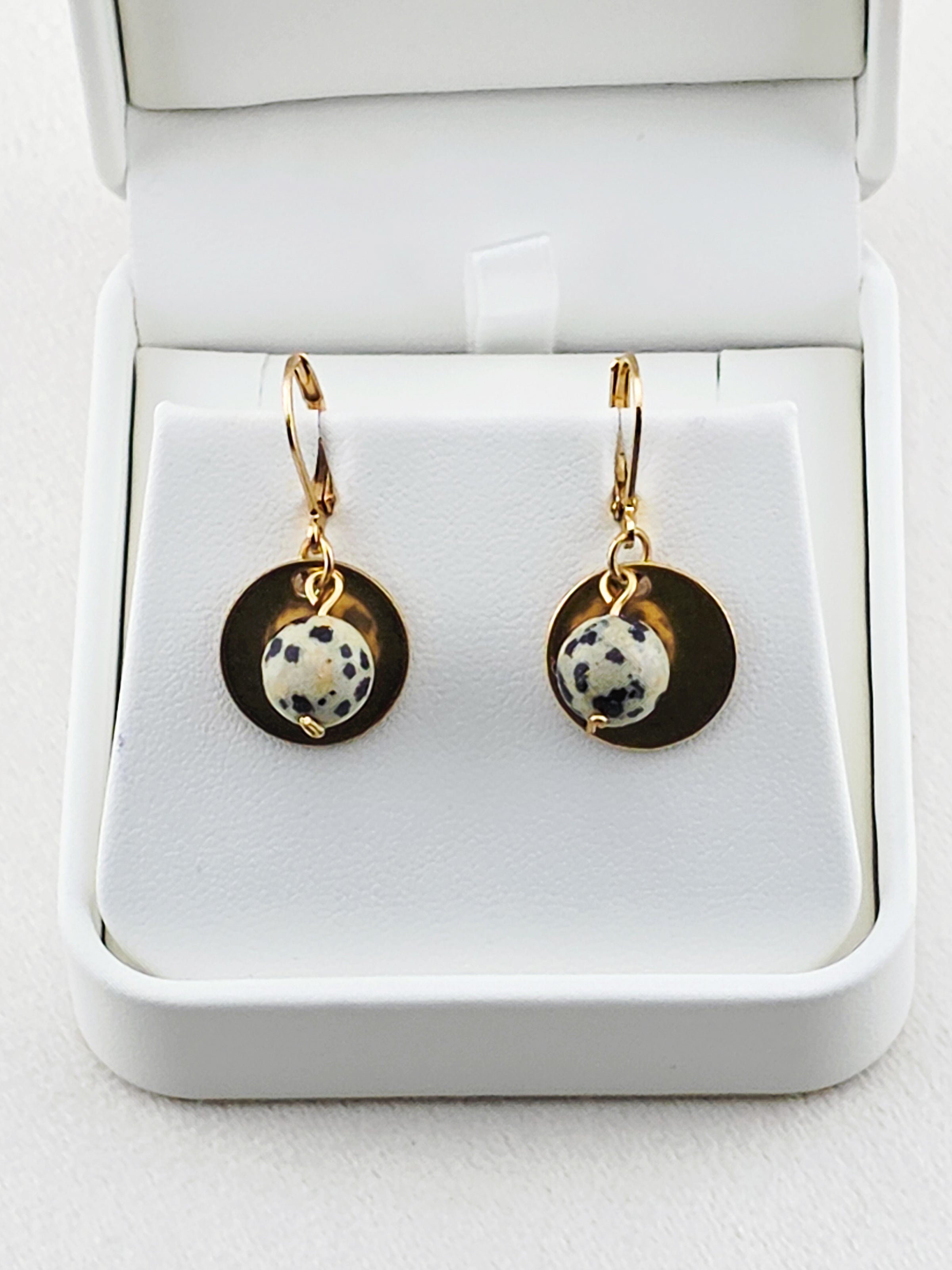 Gold Stainless Steel Dalmatian Jasper Disc Earrings