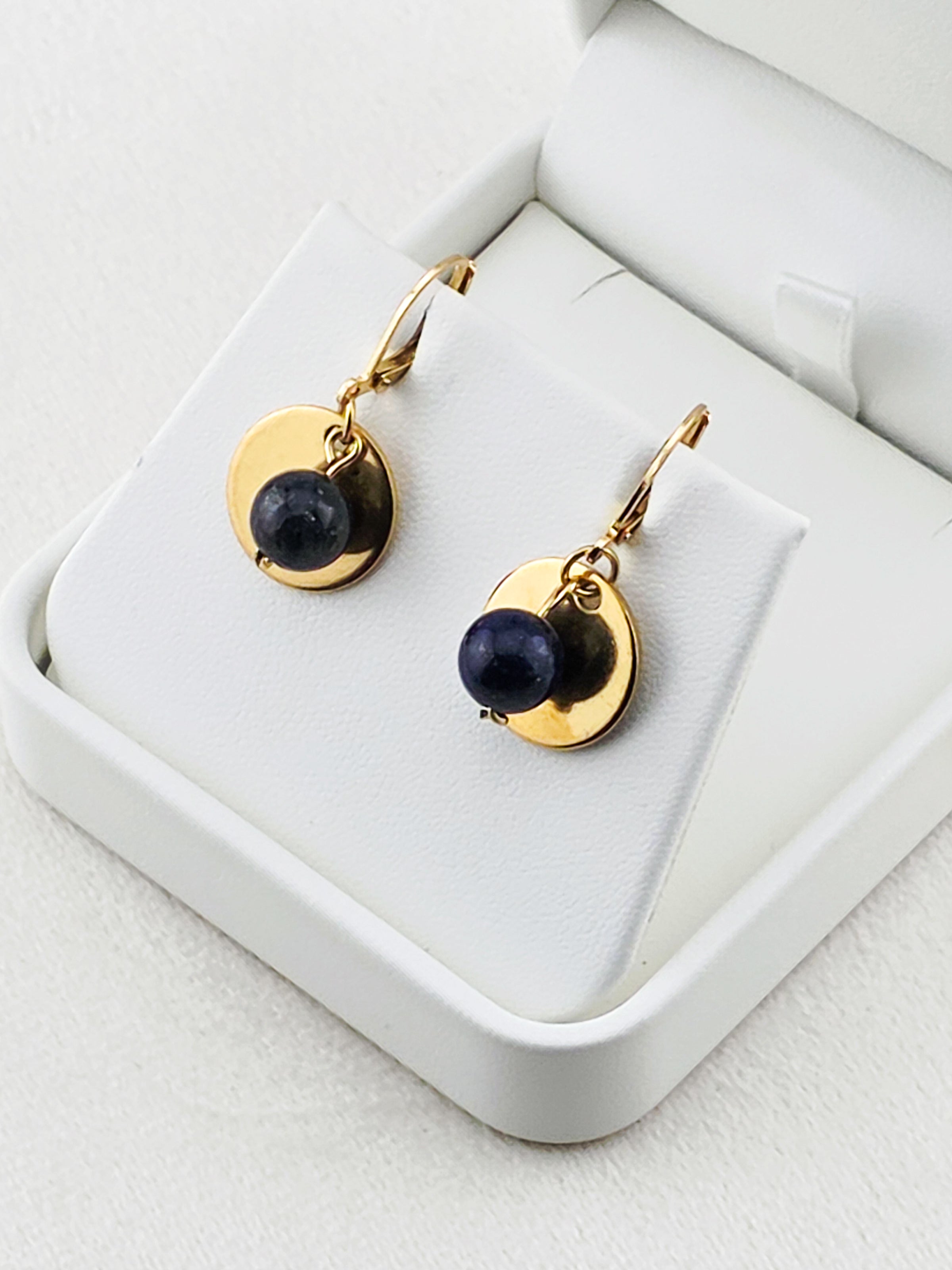 Gold Stainless Steel & Lapis Lazuli Disc Earrings