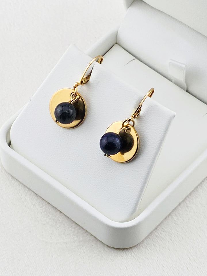 Gold Stainless Steel & Lapis Lazuli Disc Earrings