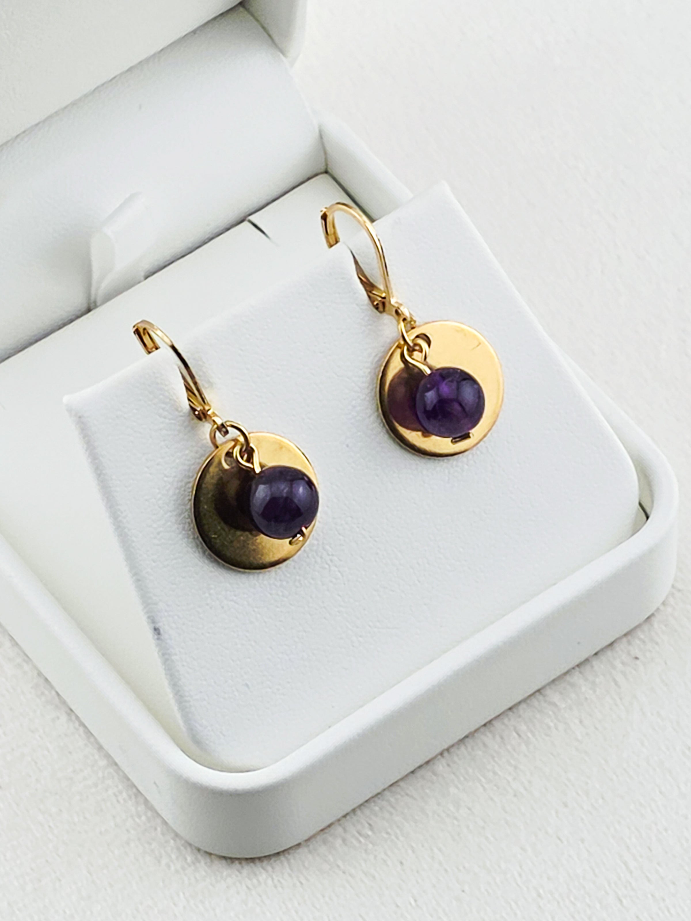 Gold Stainless Steel Amethyst Disc Earrings