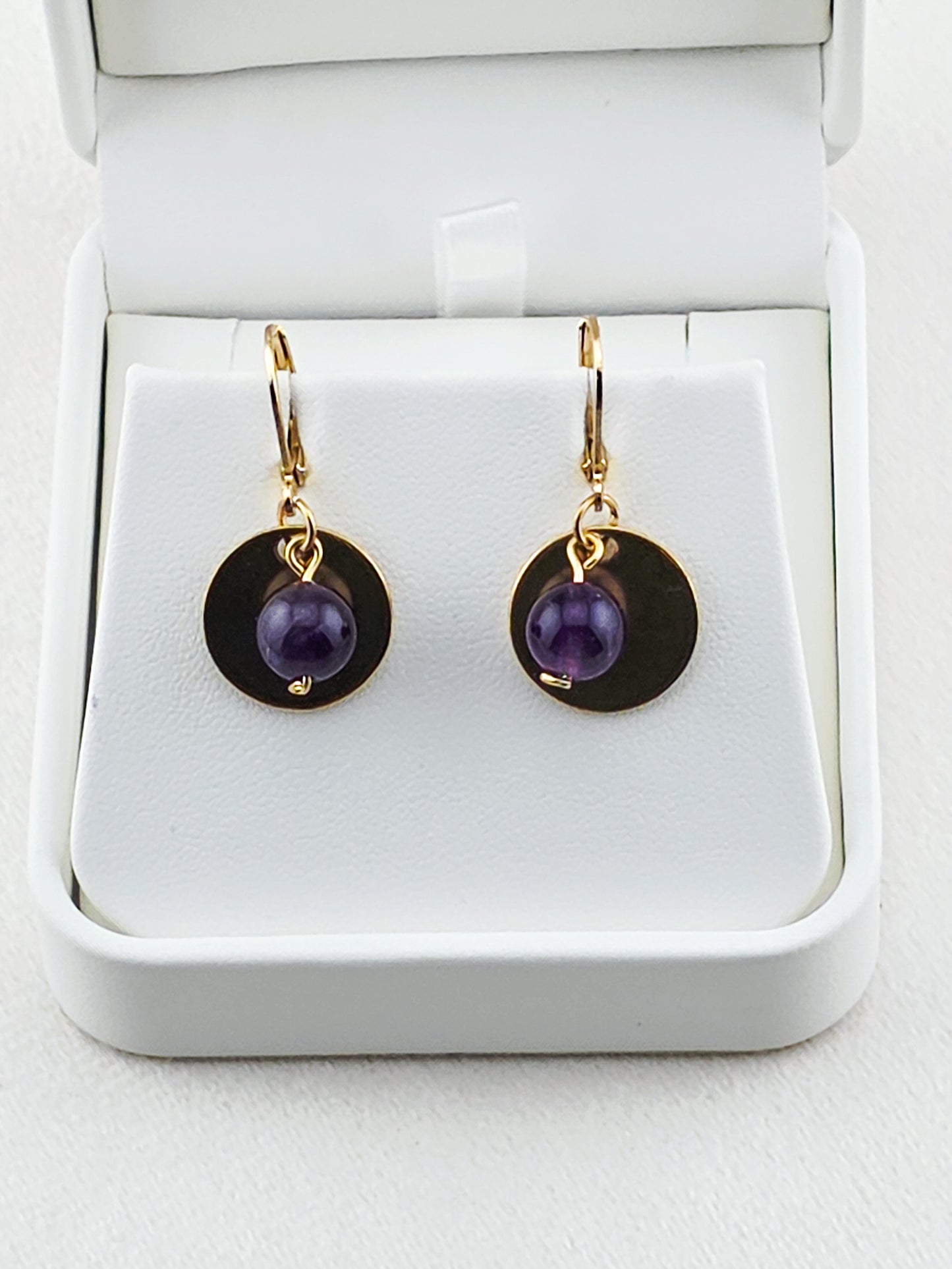 Gold Stainless Steel & Amethyst Disc Earrings