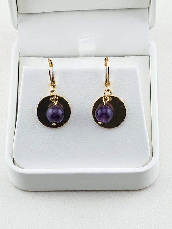 Gold Stainless Steel & Amethyst Disc Earrings