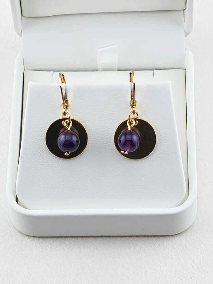 Gold Stainless Steel & Amethyst Disc Earrings