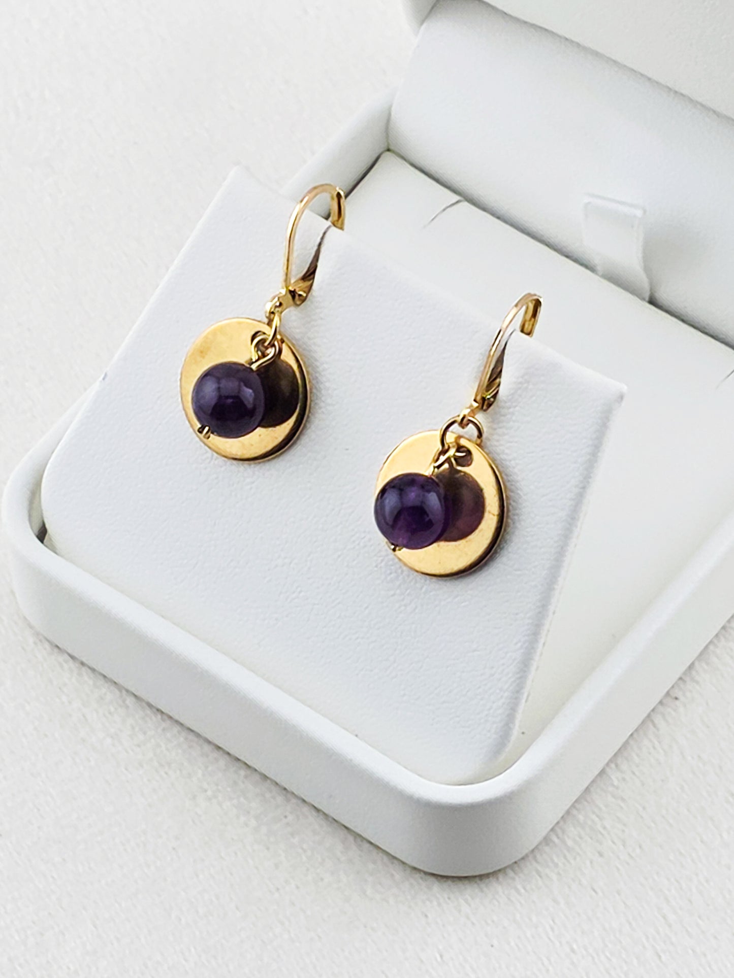 Gold Stainless Steel & Amethyst Disc Earrings