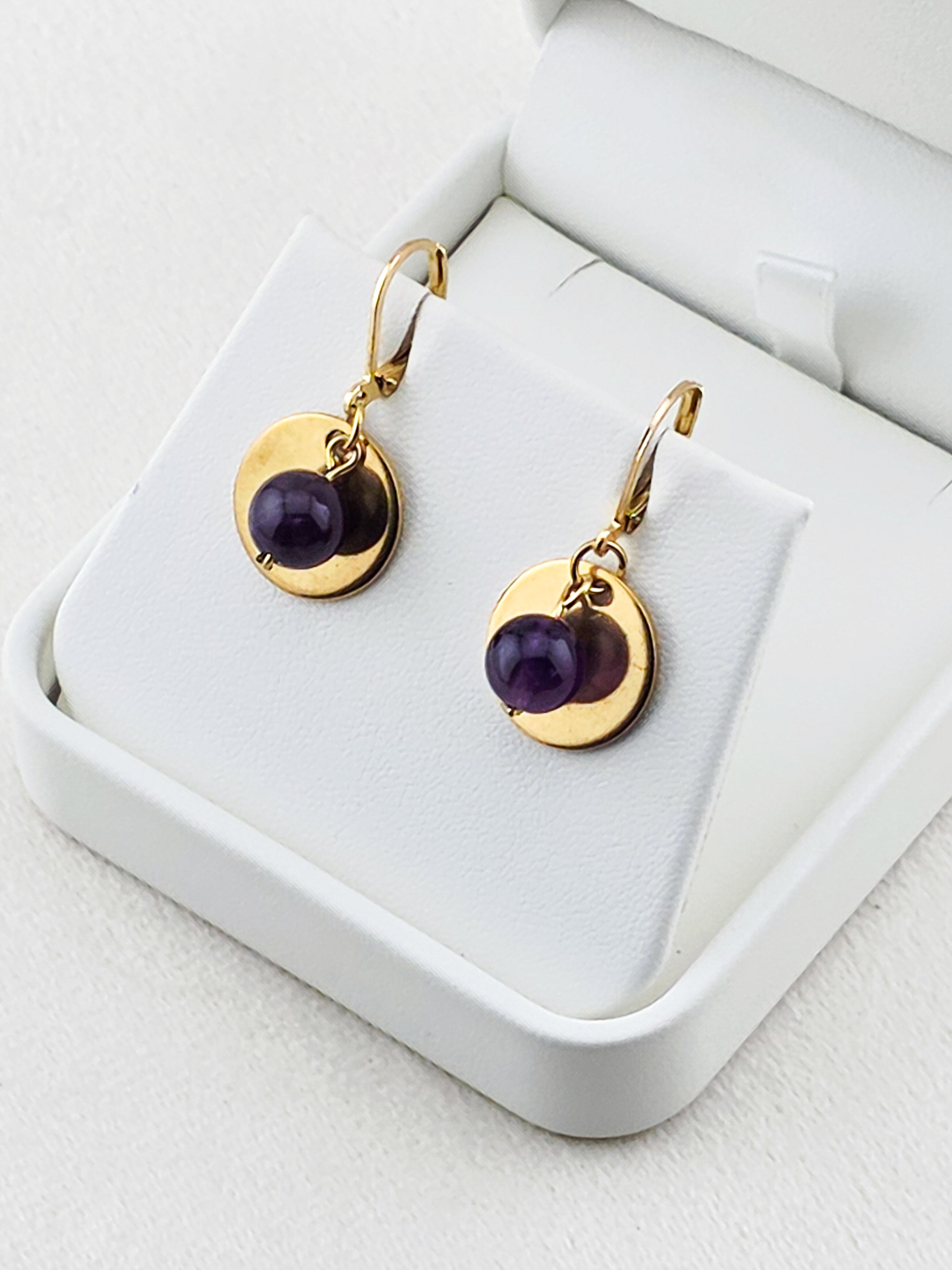 Gold Stainless Steel & Amethyst Disc Earrings