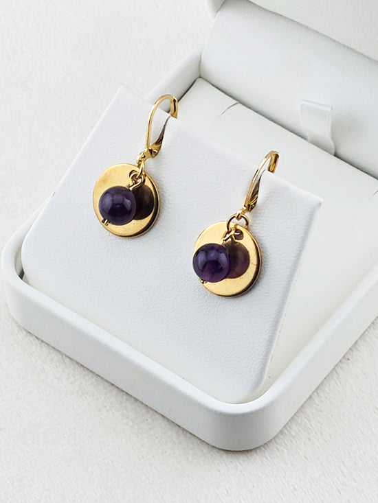 Gold Stainless Steel & Amethyst Disc Earrings