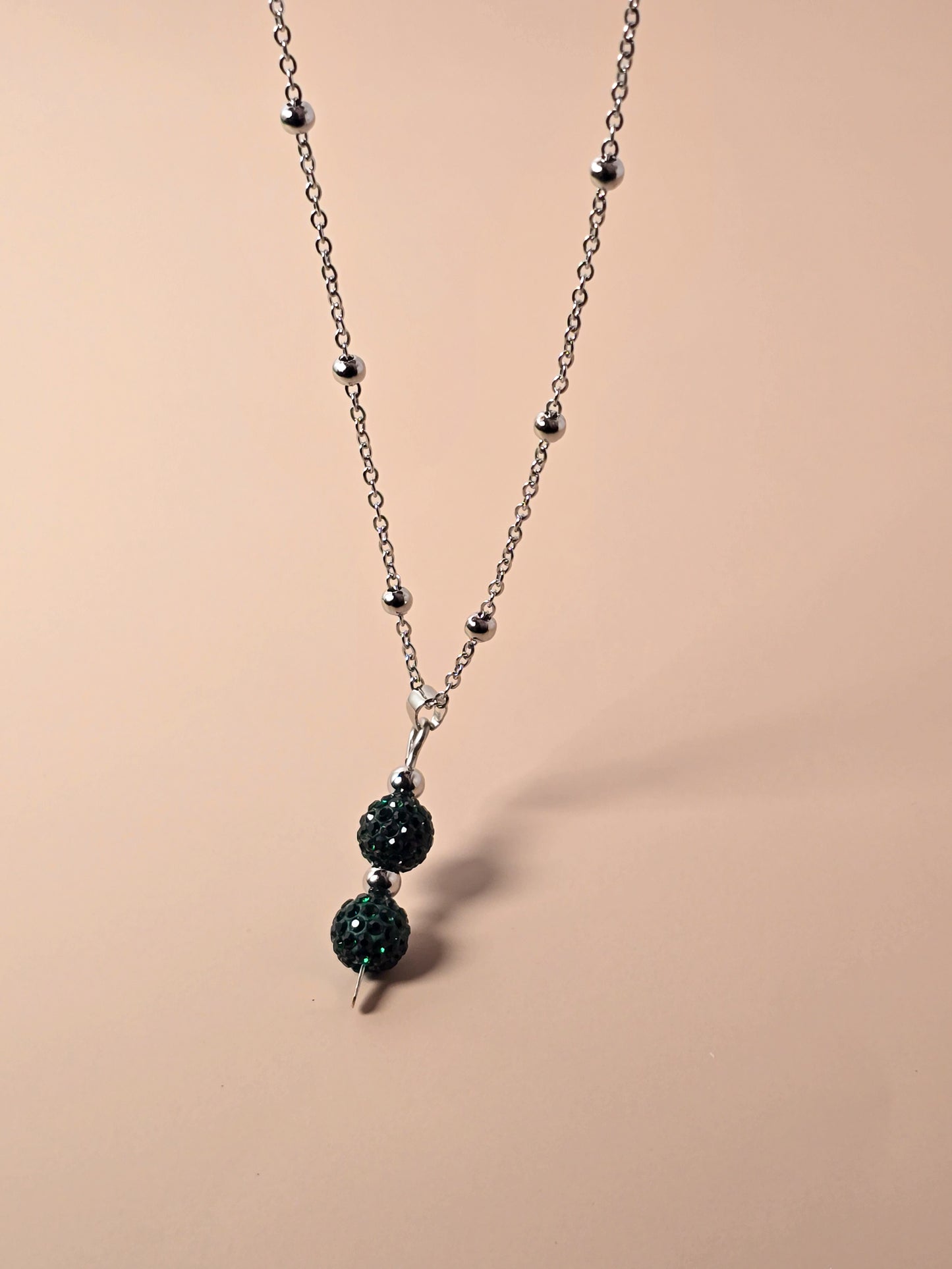 Green Crystal Pave Bead Necklace on Stainless Steel Chain