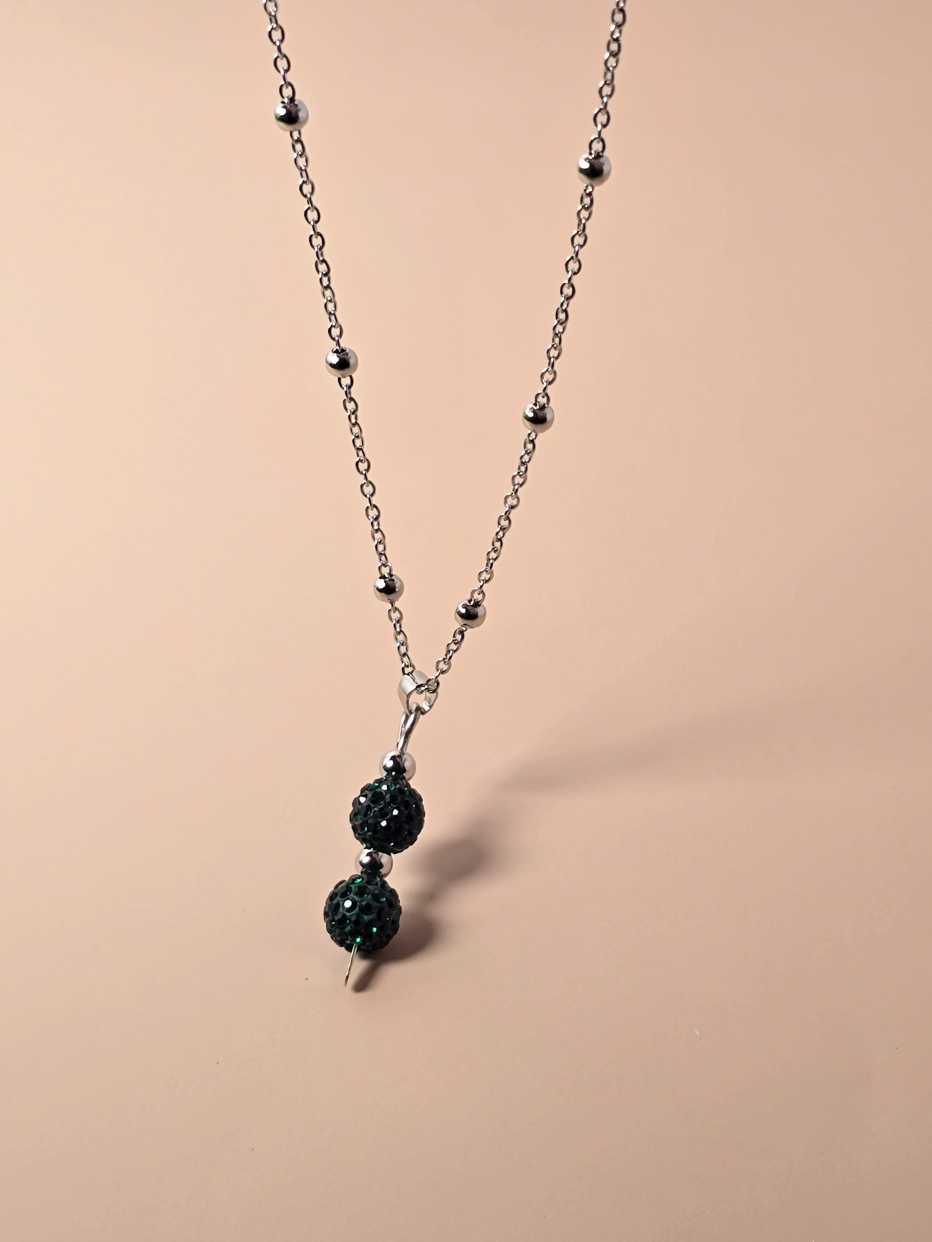 Green Crystal Pave Bead Necklace on Stainless Steel Chain