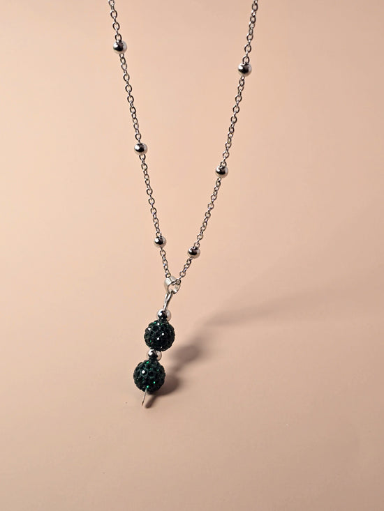 Green Crystal Pave Bead Necklace on Stainless Steel Chain