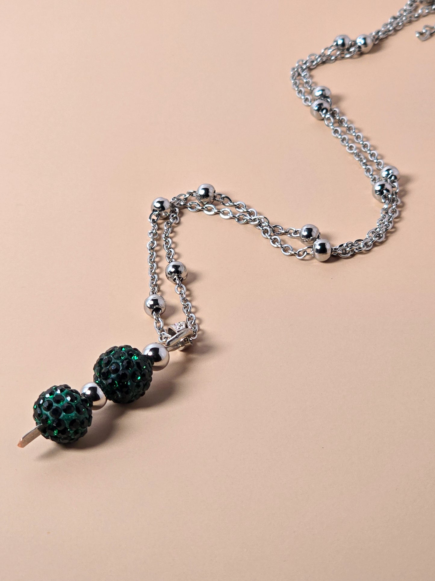 Green Crystal Pave Bead Necklace on Stainless Steel Chain