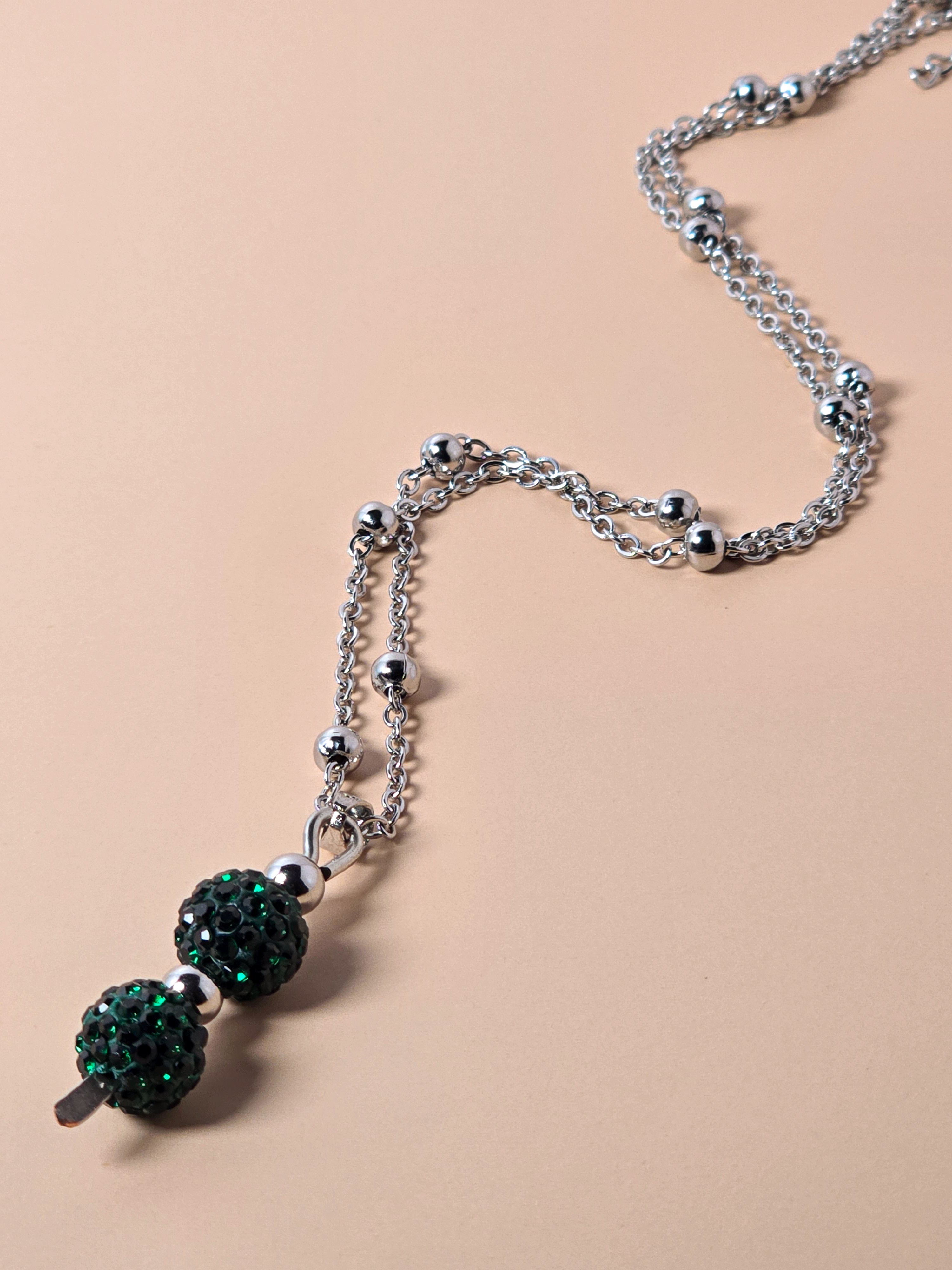Green Crystal Pave Bead Necklace on Stainless Steel Chain