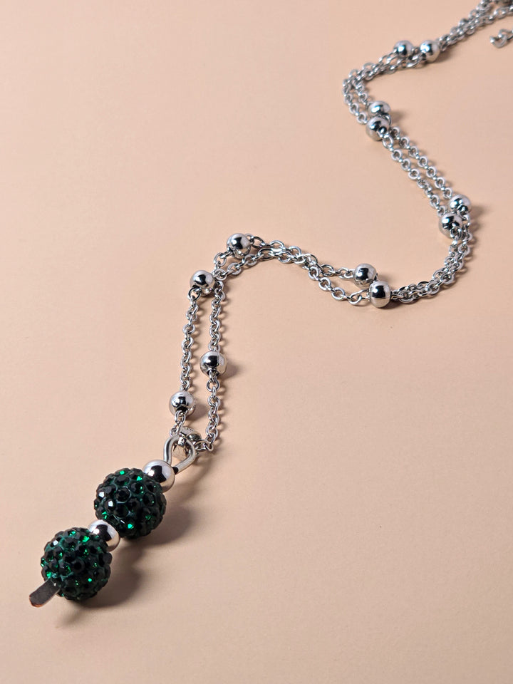 Green Crystal Pave Bead Necklace on Stainless Steel Chain