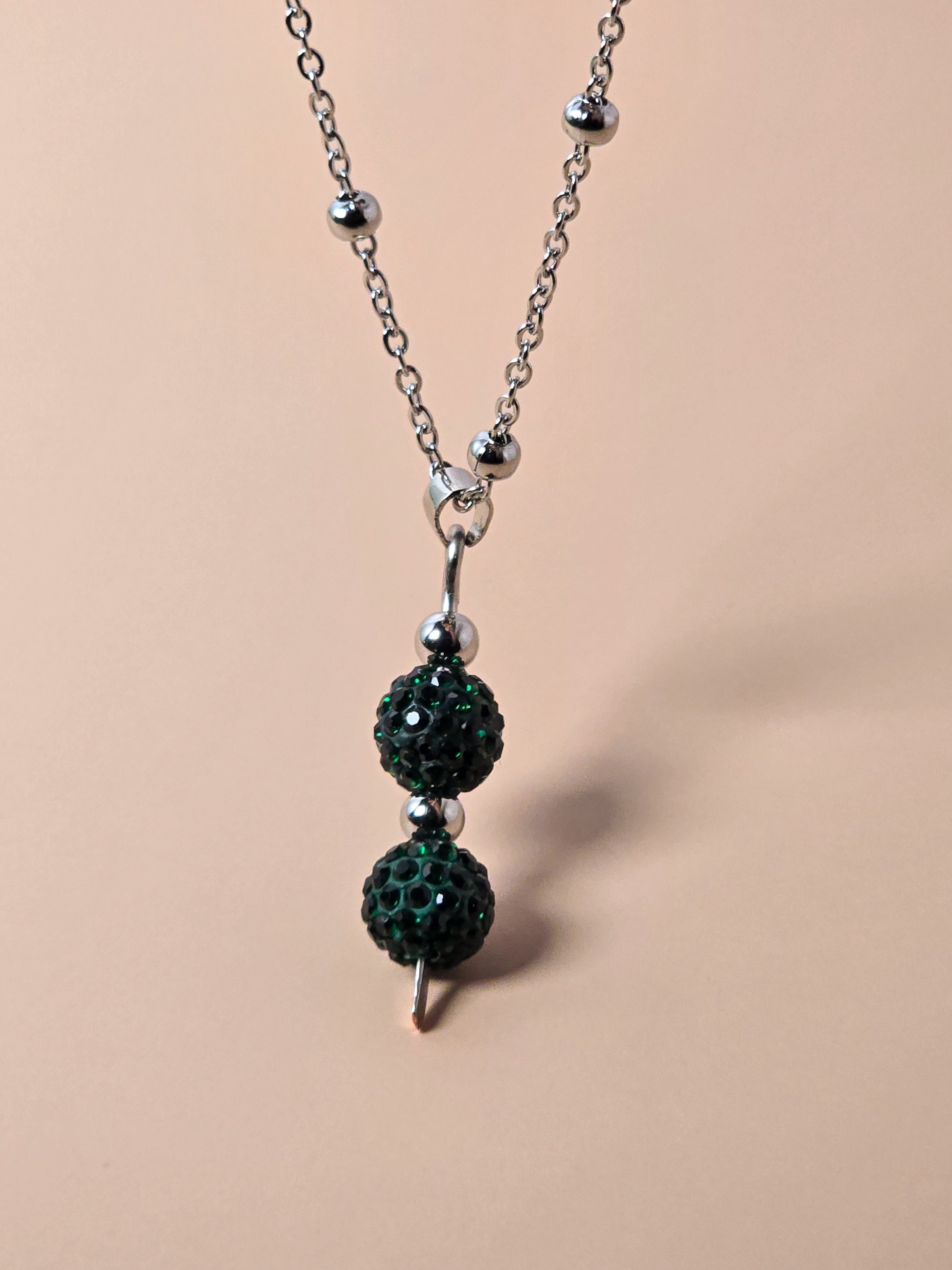 Green Crystal Pave Bead Necklace on Stainless Steel Chain