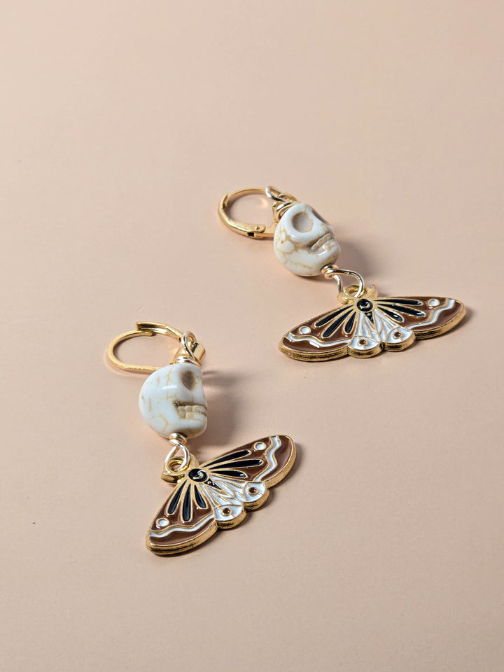 Howlite Skull and Moth Charm Earrings