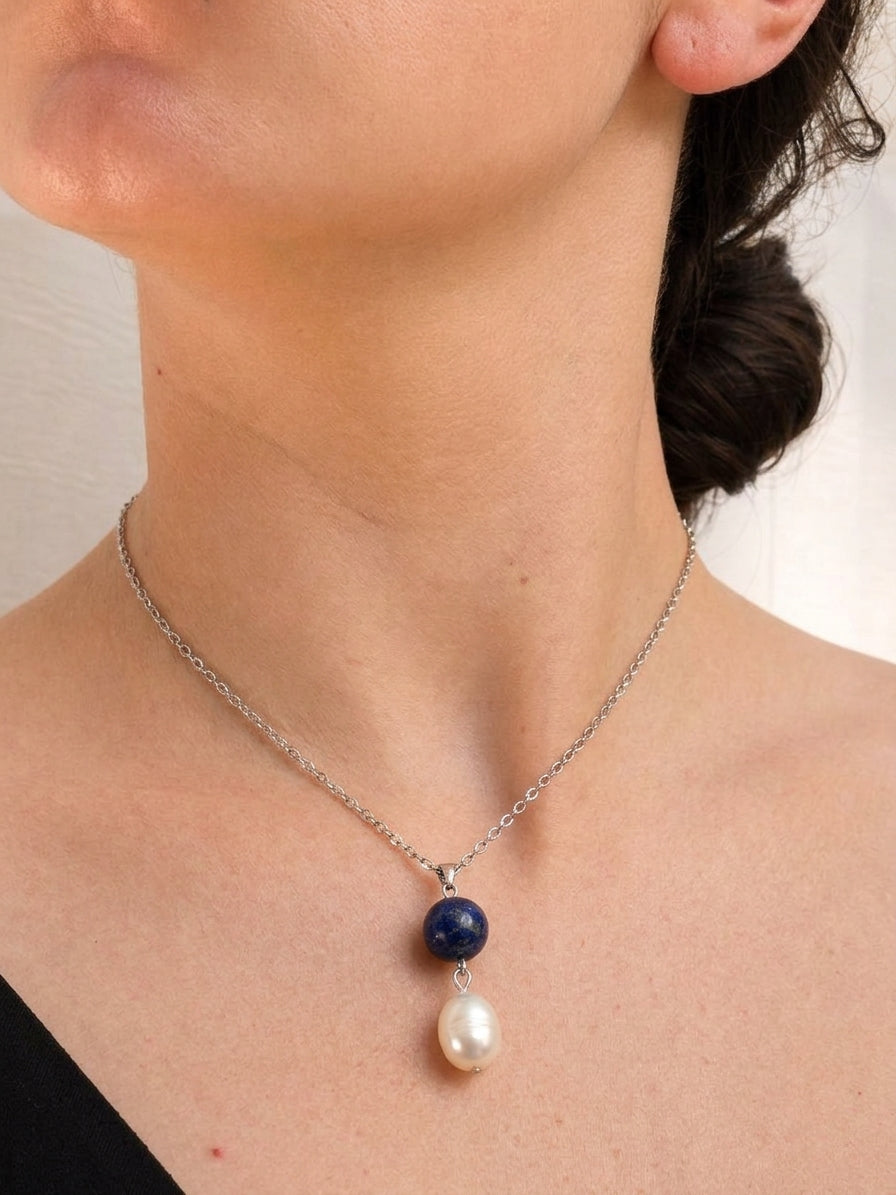 Lapis Lazuli and Baroque Freshwater Pearl Pendant Necklace