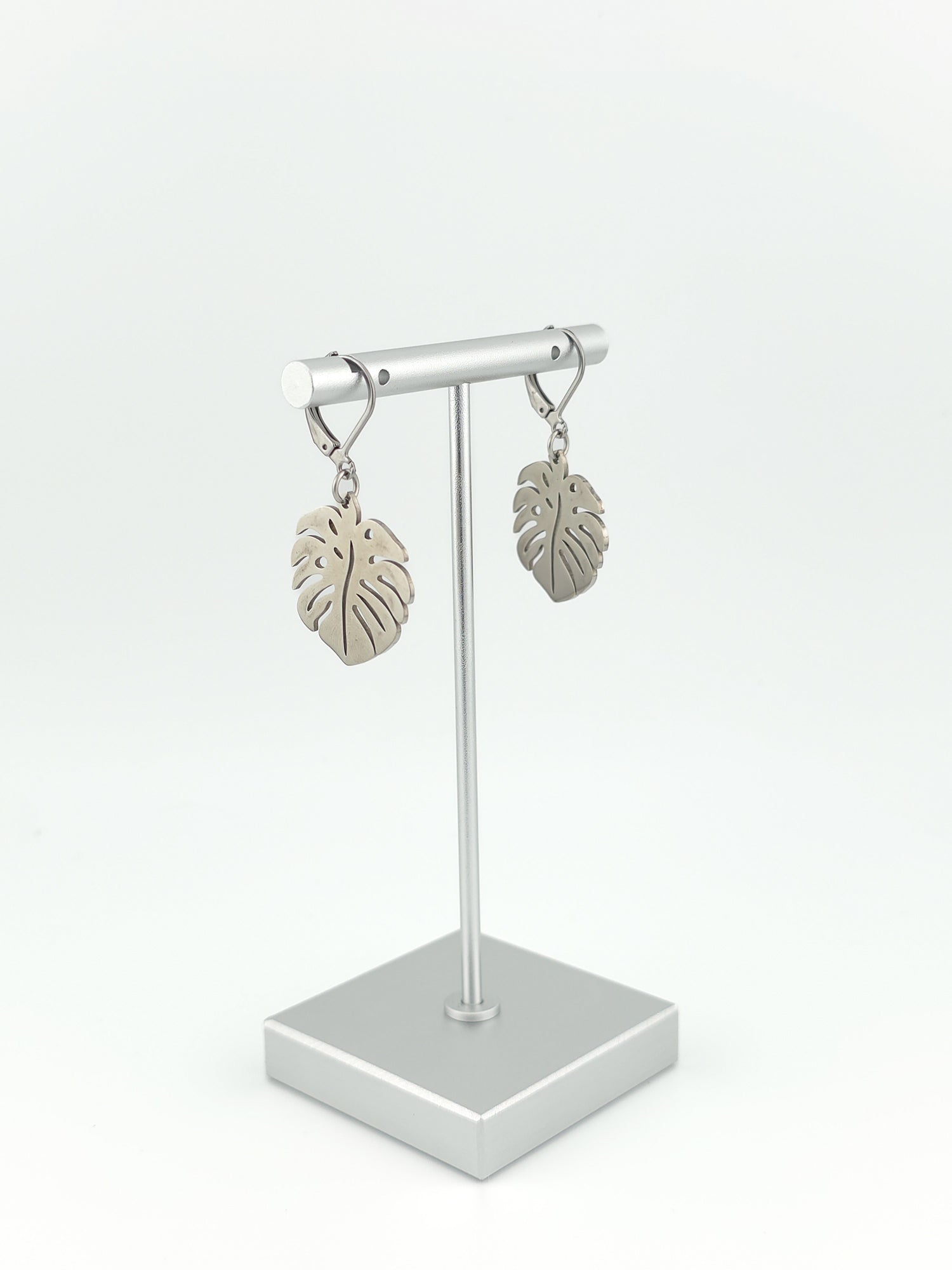 Silver Steel Monstera Earrings
