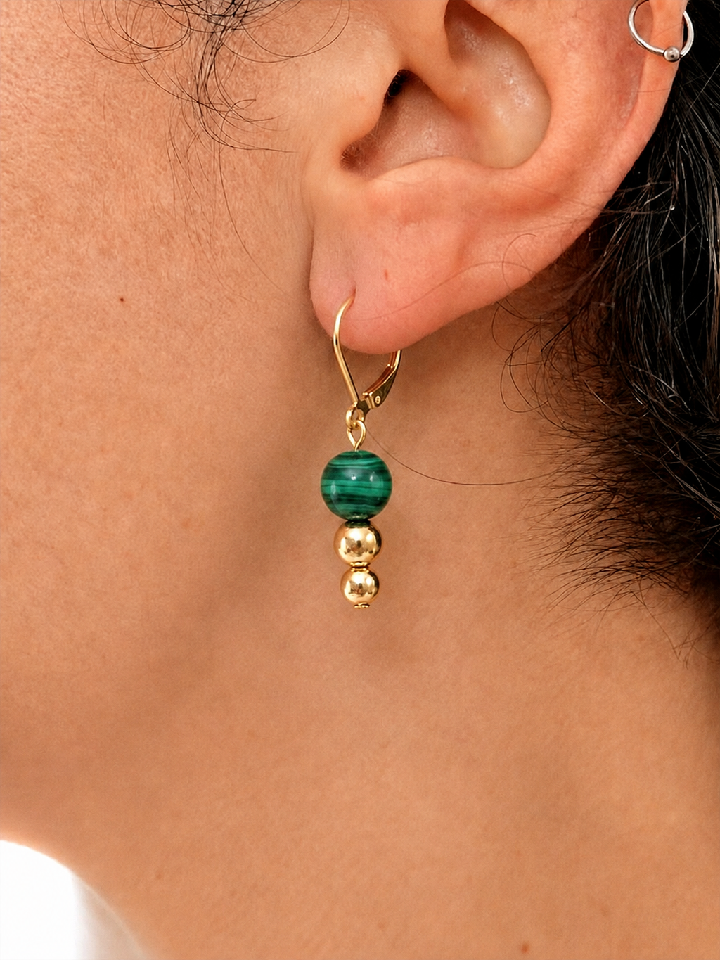 Malachite & Gold Bead Drop Earrings