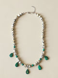 Malachite and Dalmatian Jasper beaded necklace with silver filled accents and dangling green stone charms.