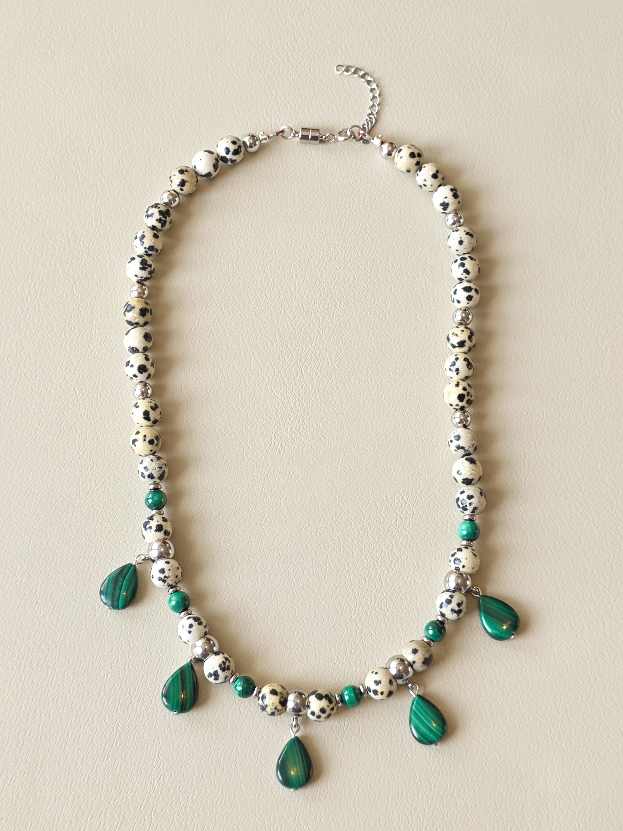 Malachite and Dalmatian Jasper beaded necklace with silver filled accents and dangling green stone charms.