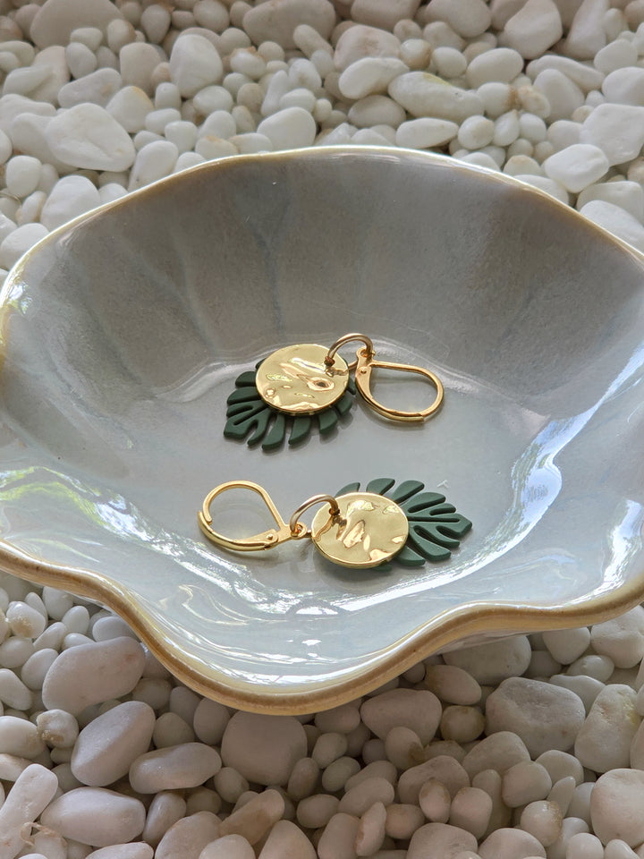 Monstera Leaf & Gold Charm Earrings