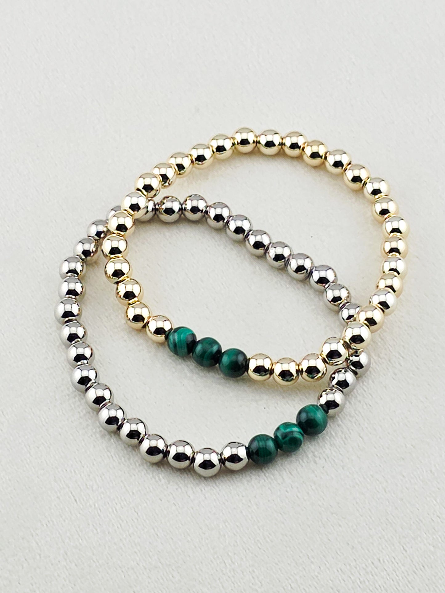 Silver Filled Malachite Stone Beaded Bracelet