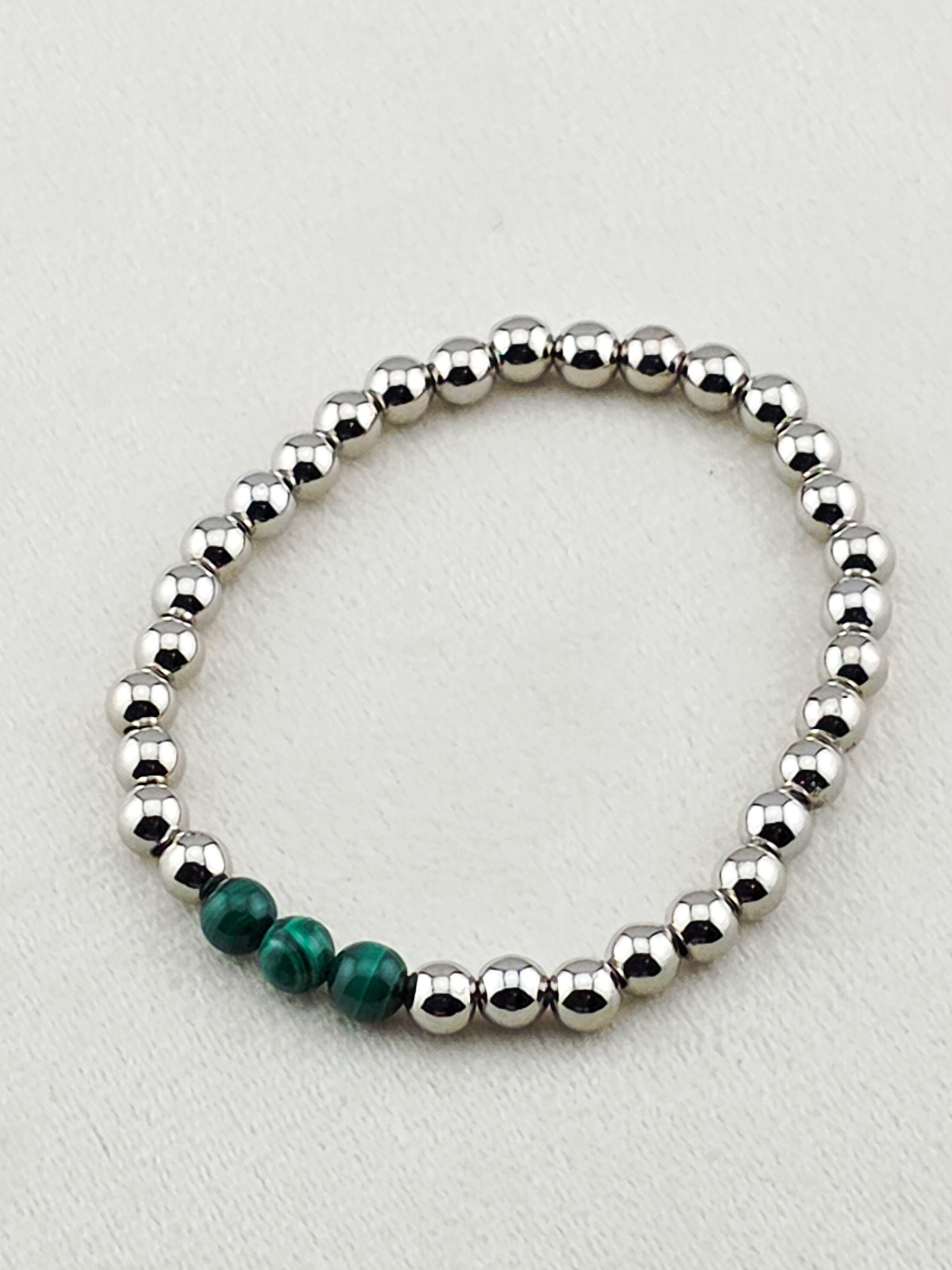 Silver Filled Malachite Stone Beaded Bracelet